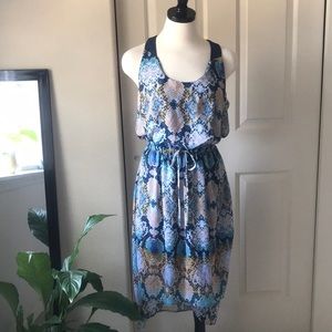 Bisou Bisou Blue & Gold High Low Summer Dress Sz 4 in EUC
